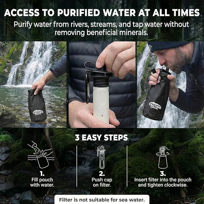 Tactiko Survival 20oz/600ml Purifying Water Bottle Filter Kit - Filter 265 Gal. Water from Rivers, Lakes & Streams - SGS Certified - UF Membrane, Activated Carbon - Camping, Hiking, Emergency (Black)