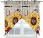 Red Yellow Sunflowers Swag Valances for Windows, Retro Rustic Barn Doors Butterfly Brown Rod Pocket Kitchen Curtains Valance, Kitchen Window Curtains Swag for Cafe Living Room, 2 Panels, 36x45 inch