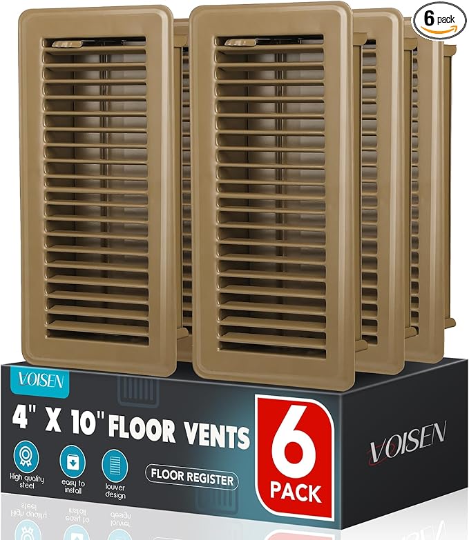 VOISEN Floor Register 4x10, 6 Pack Brown Floor Vent Covers, Heavy Duty Steel Walkable Floor Vents,Vent Covers for Home Floor
