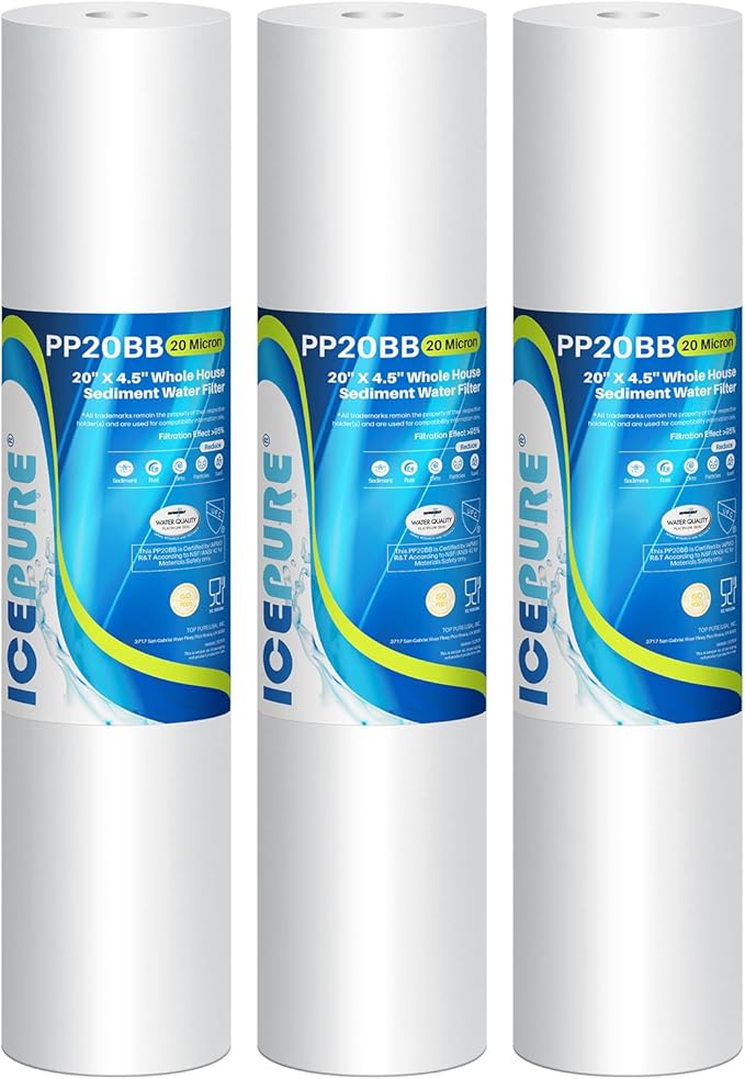 ICEPURE 20 Micron 20" x 4.5" Whole House Sediment Home Water Filter Replacement Cartridge, Compatible with SP-DD-5005-20BB, FPMB5-20, AP810-2, 155358-43, SDC-45-2005, 2PP20BB1M, P5-20, FP25B, 3 Pack