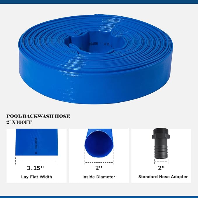 Eastrans 2 in x 100 ft Pool Backwash Hose Kit with Male NPT Adapter,Heavy Duty Discharge Pump Hose for Swimming Pool,Reinforced Pool Drain Hose with 2 Clamps and Thread Seal Tape,6 Bar