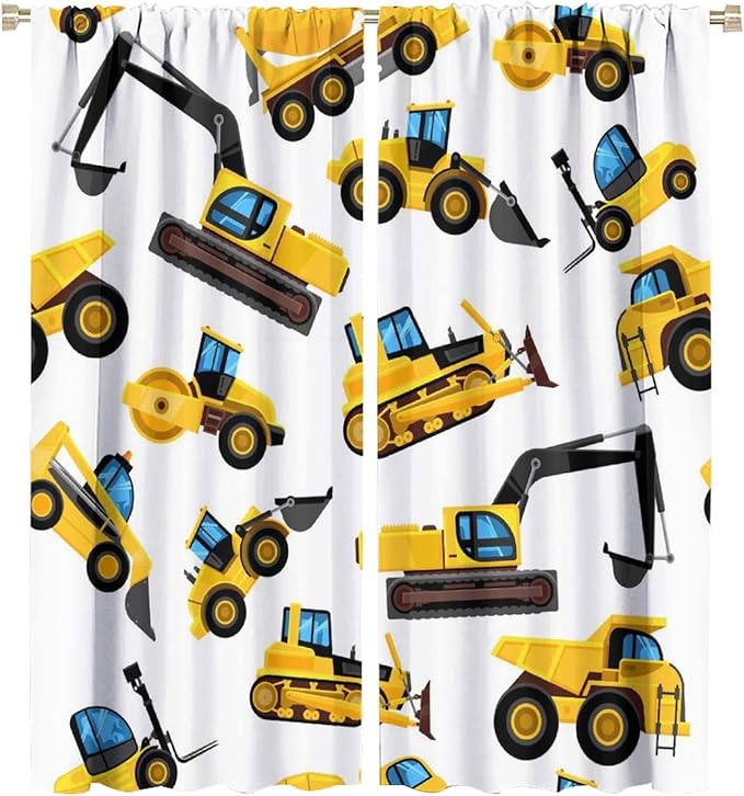 Kids Construction Equipment Window Curtains, Excavator Tractor Tow Truck Rod Pocket Decorative Windows Curtain for Children Teens Boys Girls Room Decor 52x84in (30% Blackout)