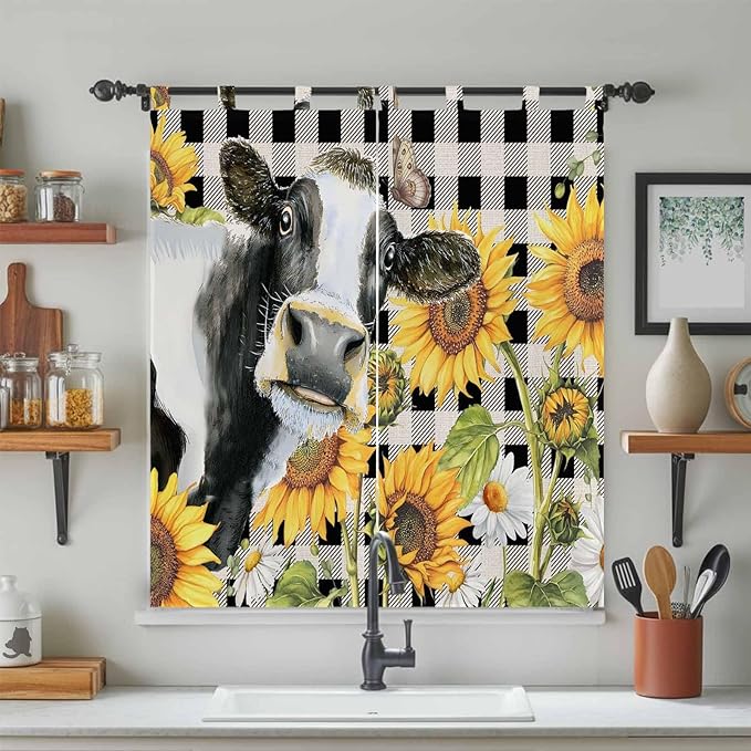 Retro Sunflowers Bedroom Curtains 72 Inch Length, Window Curtains Tab Top, Farmhouse Floral Cow Butterfly Black Plaid Light Filtering Window Treatments Drapes 52"x72" 2 Panel