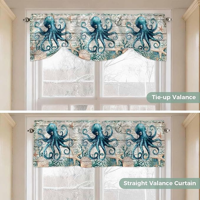Sea Octopus Ocean Starfish Tie Up Valance Curtains,Nautical Anchor Vintage Wood Grain Kitchen Light Filtering Window Treatments with 3-inch Rod Pocket for Living Room,Bedroom,54x18In