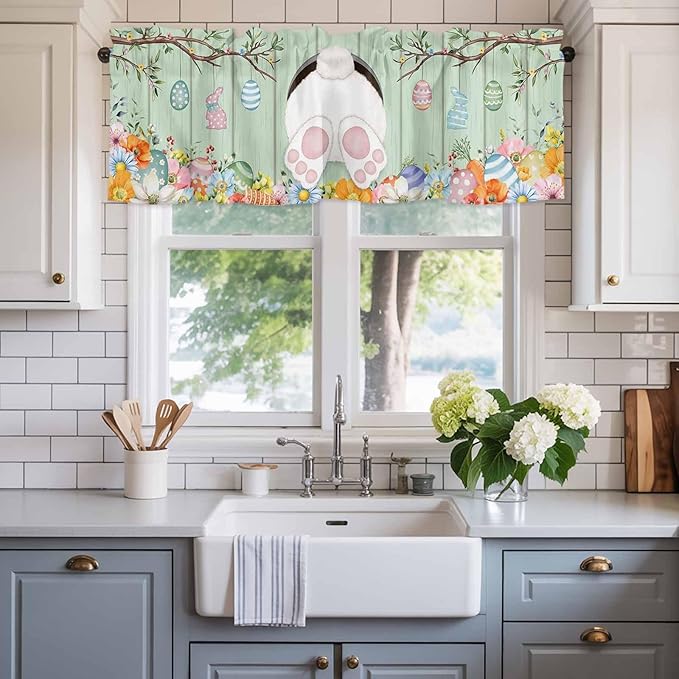 Easter Curtain Valances for Windows, Kitchen Valance Window Treatment, Spring Watercolor Bunny Eggs Wooden Grain Green Light Filtering Block Curtains for Bathroom/Bedroom/Living Room 54'' x 18''