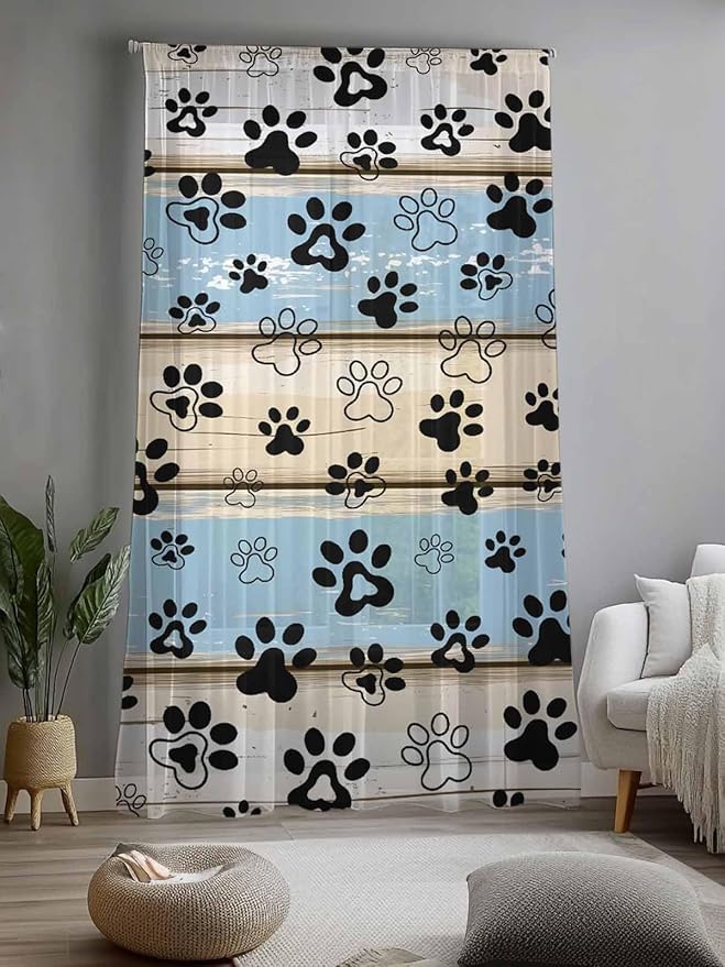 Sheer Curtains 84 Inches Long, Blue Beige Paw Print Semi Sheer Curtains Light Filtering Window Treatment, Vintage Farmhouse Rustic Wooden Grain Privacy Voile Drapes for Living Room Bedroom 52x84 Inch