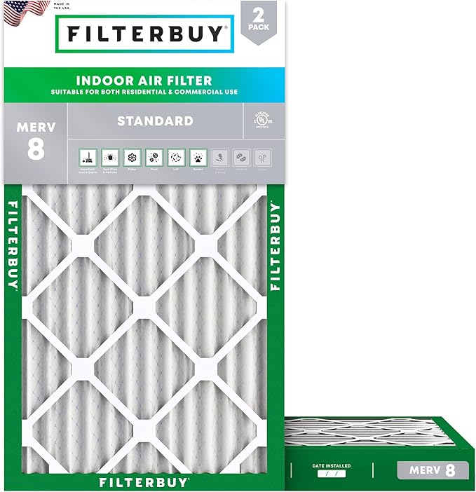 Filterbuy 14x30x2 Air Filter MERV 8 Essential Dust & Allergy Defense (2-Pack), Electrostatic Pleated HVAC AC Furnace Filters Replacement, Made in USA (Actual Size: 13.50 x 29.50 x 1.75)