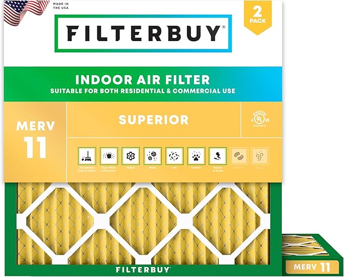 Filterbuy 23.5x23.5x1 Air Filter MERV 11 Superior Pet & Allergy Defense (2-Pack), Electrostatic Pleated HVAC AC Furnace Filters Replacement, Made in USA (Actual Size: 23.38 x 23.38 x 0.75)