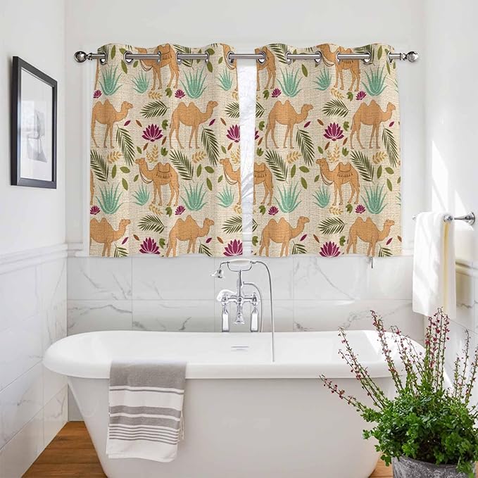 2 Panel Kitchen Cafe Curtains, Desert Camels Sunlight Filtering Nature Air Through, Home Decor Window Covering Tier Curtains for Bedroom Living Room Vintage Sand Animals Aloe Vera Leaves Beige