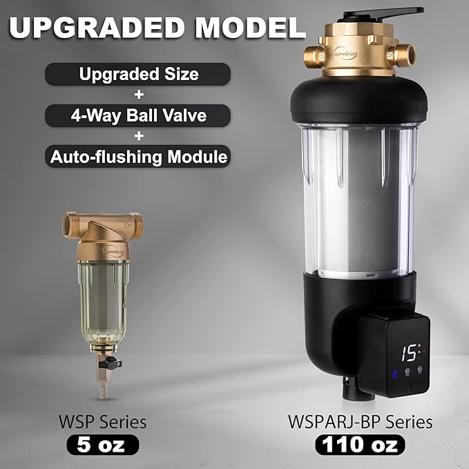iSpring WSP100ARJ-BP, NSF Certified, Whole House Spin-Down Sediment Water Filter with Bypass, Clear Housing, Jumbo Size, Flushable and Reusable, Touch-Screen Auto Flushing, 4 Modes, 100 Microns