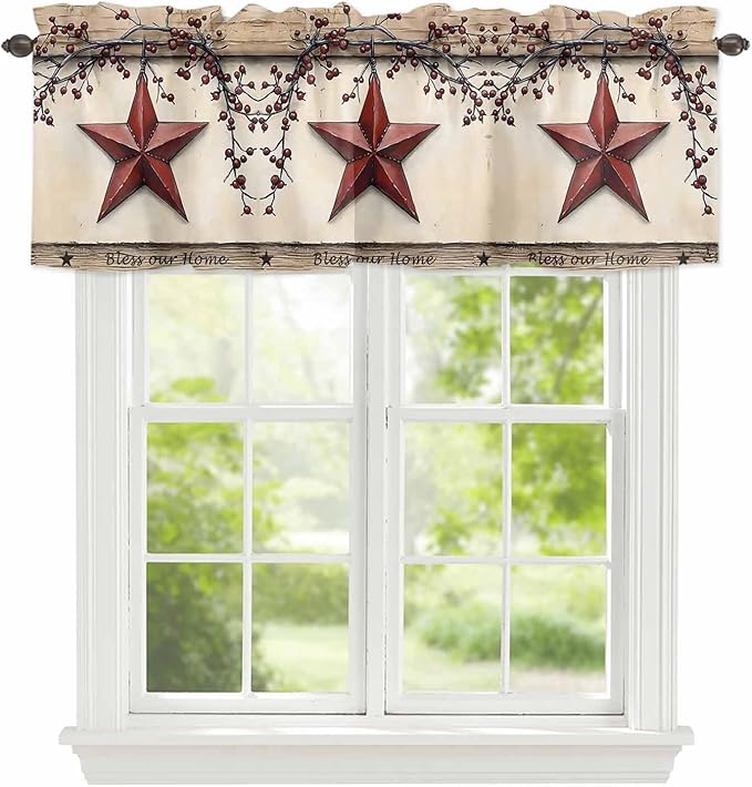 Farmhouse American Valances for Windows, Country Star Berries Vintage Wood Grain Kitchen Valance Light Filtering Rod Pocket Short Curtains for Kitchen Bathroom, 1 Panel, 54"x18"