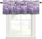 Kitchen Valances for Window, Retro Lavender on Farm Wood Grain Light Filtering Rod Pocket Valance Curtain, Watercolor Purple Flowers Short Curtains Window Topper for Bedroom Living Room 54x18in