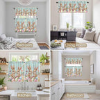 Easter Kitchen Curtains Set 3 Piece for Windows, Rod Pocket Valance and Tier Set 24 Inch Length, Spring Rabbit Colorful Eggs Flowers Wooden Grain Light Filtering Cafe Curtains for Living Room Bathroom