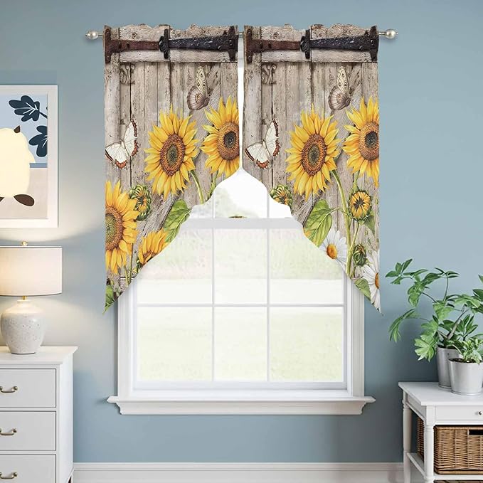 Farmhouse Sunflowers Swag Valances for Windows, Rustic Barn Doors Flowers Butterfly Wooden Rod Pocket Kitchen Curtains Valance, Small Window Curtains Swag for Cafe Living Room, 2 Panels, 28x36 inch