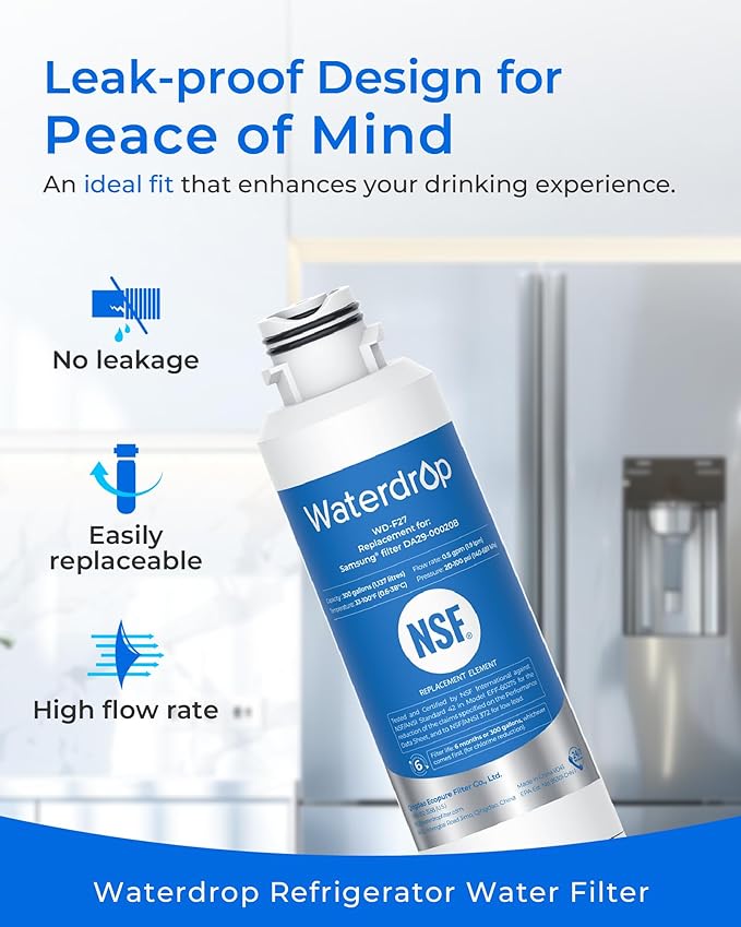 Waterdrop DA29-00020B Refrigerator Water Filter, Replacement for Samsung® HAF-CIN/EXP, DA29-00020B-1, RF263BEAESR, RF4287HARS, Reduce Chlorine, bad Taste and Odor, 2 Filters(Package May Vary)