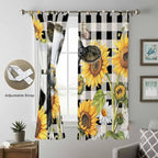 Retro Sunflowers Living Room Curtains 84 Inch Length, Window Curtains Tab Top, Farmhouse Floral Cow Butterfly Black Plaid Light Filtering Window Treatments Drapes 52"x84" 2 Panel