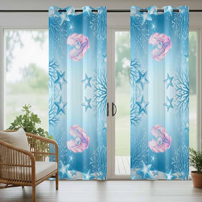 Ocean Shell Outdoor Curtains for Patio Corals Starfish Summer Marine Waterproof Outside Curtains with Grommet Top Weatherproof Curtain for Cabana Pergola Gazebo, 2 Pack, 54" W x 84" L