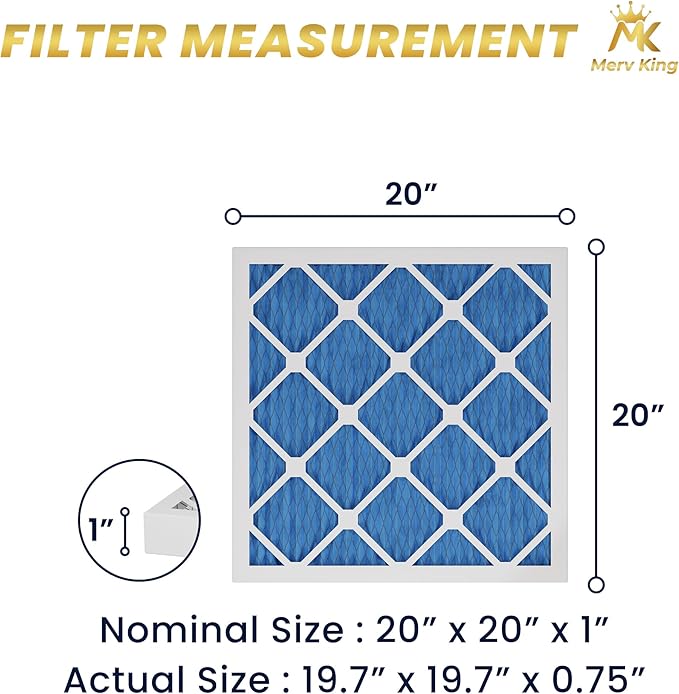MervKing 20x20x1 Air Filter Actual Size: 19.7" x 19.7" x 0.75" MERV 11 MPR 1000-1200 | MADE IN USA | 12-Pack | Pleated HVAC AC Furnace Replacement