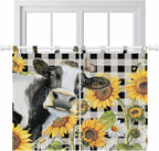 Retro Sunflowers Bedroom Curtains 63 Inch Length, Window Curtains Tab Top, Farmhouse Floral Cow Butterfly Black Plaid Light Filtering Window Treatments Drapes 42"x63" 2 Panel