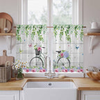 Spring Kitchen Curtains, Bicycles Botanical Rose Leaves Butterfly Wood Grain Light Filtering Window Curtain Panels, 2Pcs Rod Pocket Window Treatments Set for RV Dining Room Study Room 42x54 Inches