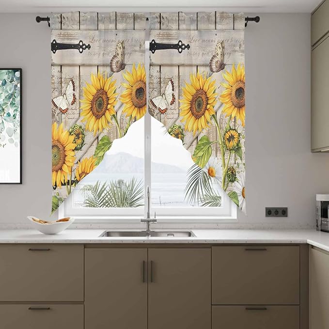 Farm Flowers Swag Valances for Windows, Retro Sunflowers Barn Doors Butterfly Wood Board Rod Pocket Kitchen Curtains Valance, Kitchen Window Curtains Swag for Cafe Living Room, 2 Panels, 36x45 inch