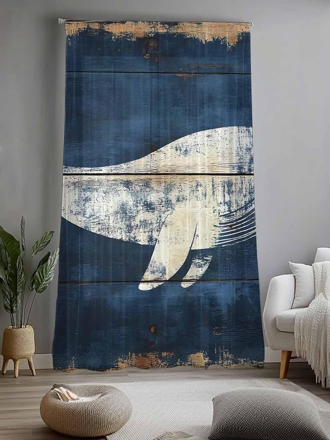 Sheer Curtains 96 Inches Long, Ocean Whale Blue Semi Sheer Curtains Light Filtering Window Treatment, Summer Sea Vintage Wooden Grain Privacy Voile Drapes for Living Room Bedroom 52x96 Inch