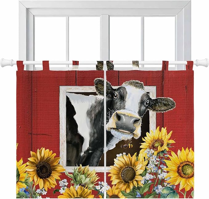 Cows Sunflowers Bedroom Curtains 63 Inch Length, Window Curtains Tab Top, Spring Botanical Floral Bees Red Barn Light Filtering Window Treatments Drapes 42"x63" 2 Panel