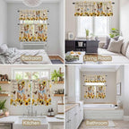 Kitchen Curtains Tiers and Valance Set of 3, Sunflowers Dog Light Filtering Window Curtain Set, Spring Watercolor Floral Stars on Linen Rod Pocket Curtain Drapes for Cafe, Living Room, 36 Inches Tiers