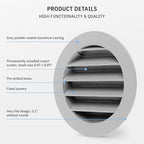 calimaero® WSGG 4" Inch Gray Round Metal Air Vent Grill Cover Flat Louver with Fly Screen Fits Only with Metal Ducts