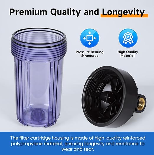 PUREPLUS 2-Stage Whole House Water Filtration System, Reduces Heavy Metals, Chlorine & Odor, 10" x 4.5" Housings, 1" Inlet/Outlet, RFN KDF Carbon & CTO Coconut Shell Filters, Pressure Gauges Included