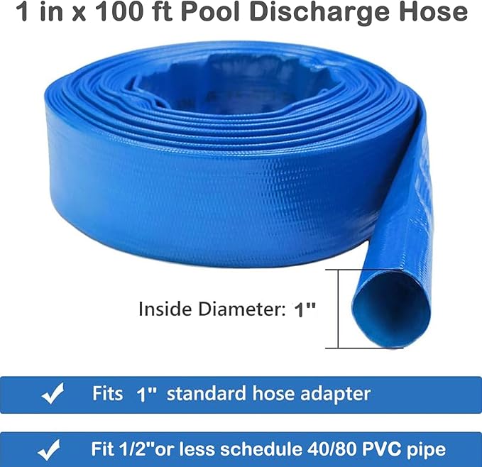 Eastrans 1 IN x 100 FT Heavy Duty Flat Discharge Hose, Weather & Burst Resistant, Best Hose for Inground Pools, Filter & Drain Hose