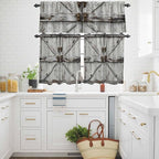 Kitchen Curtains Tiers and Valance Set of 3, Vintage Gate Light Filtering Window Curtain Set, Farmhouse Wooden Grain Shabby Chic Door Rod Pocket Curtain Drapes for Cafe, Living Room, 36 Inches Tiers