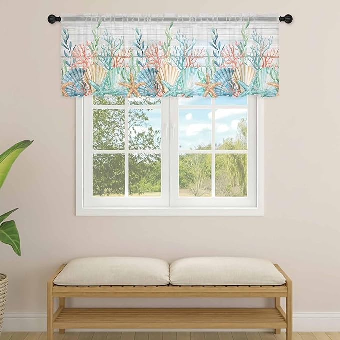 Summer Beach Sheer Valance Curtains, Ocean Colorful Coral Shell Seaweed Starfish Wood Grain Light Filtering Kitchen Valances Rod Pocket Voile Curtain Treatment for Bedroom/Living Room/Basement 42Wx12L