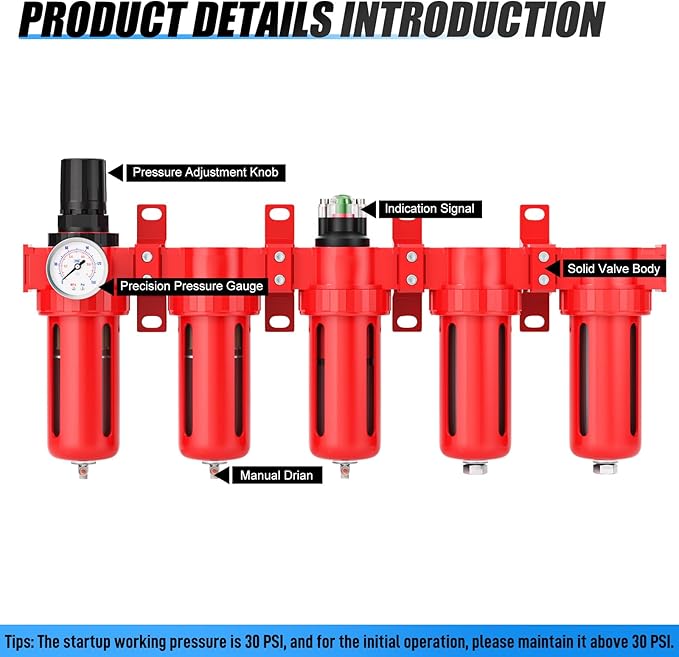3/8" NPT Industrial Grade 5 Stage Aluminum Air Drying System,Double Coalescing Filter,Particulate Filter,Double Desiccant Dryer and Air Regulator,Manual Drain For Plasma Cutter and Paint Spray