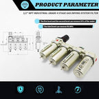 1/2" & 3/4" NPT Industrial Grade 4 Stage Gas Drying System, Coalescing Filter, Desiccant Dryer, Auto Drain, Compatible with Paint Spray, Plasma Cutter (Manual Version,1/2" NPT)