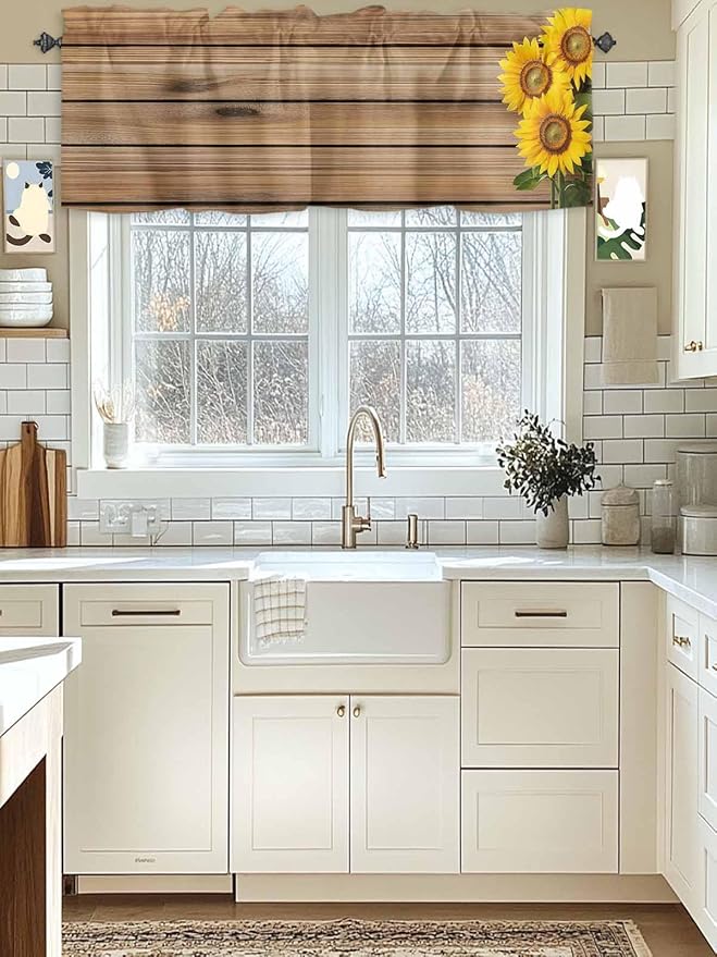 Kitchen Valances for Window, Farm Sunflower on Vintage Wood Grain Light Filtering Rod Pocket Valance Curtain, Spring Country Plant Short Curtains Window Topper for Bedroom Living Room 54x18in