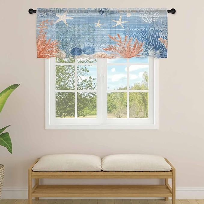 Ocean Corals Sheer Valance Curtains, Summer Beach Coral Sea Stars Blue Stripes Light Filtering Kitchen Valances Rod Pocket Voile Curtain Window Treatment for Bedroom/Living Room/Basement 54Wx18L