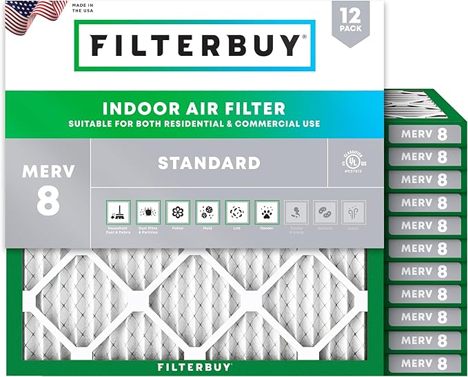 Filterbuy 11.25x11.25x1 Air Filter MERV 8 Essential Dust & Allergy Defense (12-Pack), Electrostatic Pleated HVAC AC Furnace Filters Replacement, Made in USA (Actual Size: 11.25 x 11.25 x 0.75)