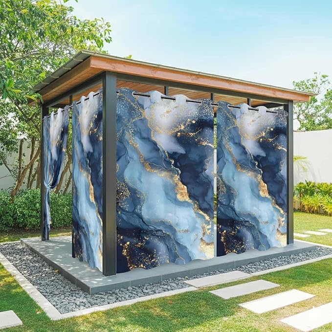 Marble Texture Outdoor Curtains for Patio Abstract Gradient Blue Golden Gorgeous Waterproof Outside Curtains with Grommet Top Weatherproof Curtain for Cabana Pergola Gazebo, 1 Panel, 54" W x 95" L