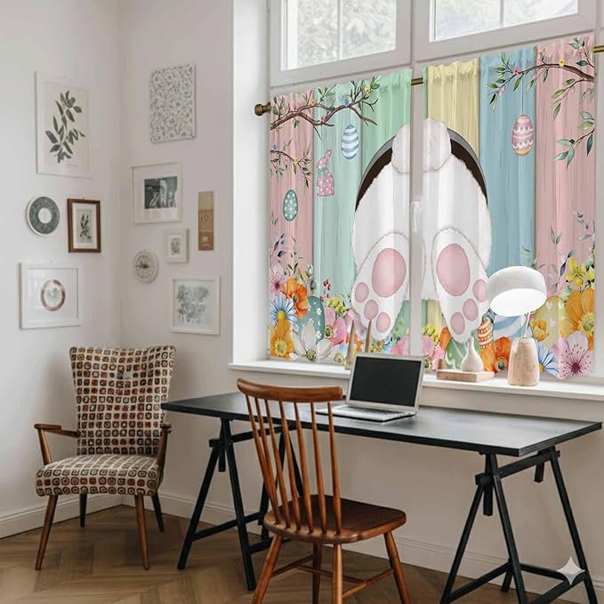 Easter Kitchen Curtains 45 Inch Long 2 Panel Set, Rod Pocket Window Treatment, Spring Colorful Bunny Eggs Flower Wood Grain Light Filtering Panels Short Drapes for Bathroom Camper 42"W x 45"L