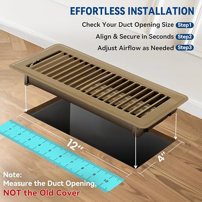 4" x 12" Floor Register Vent Covers 4-Pack, Walkable Powder-Coated Metal Vent Covers with Adjustable Airflow, Curved Safe Edges for Floor/Wall, Brown