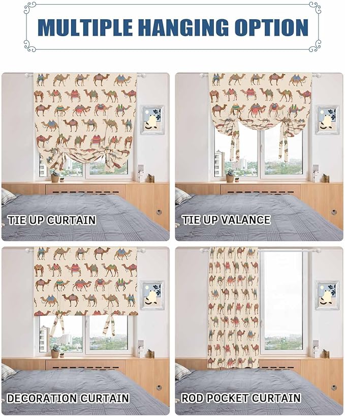 Tie Up Curtains for Windows, Summer Camels Adjustable Balloon Nature Linen Textured Kitchen Curtain, Farmhouse Retro Cartoon Desert Animals Decorative Tie Up Curtain for Window, 52" x 45"