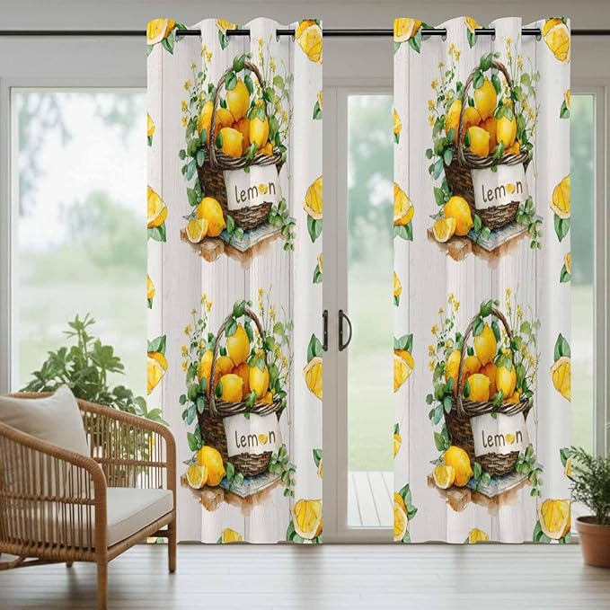 Lemon Outdoor Curtains for Patio Lemons Baskets Summer Tropical Plant Wood Waterproof Outside Curtains with Grommet Top Weatherproof Curtain for Cabana Pergola Gazebo, 1 Panel, 54" W x 84" L
