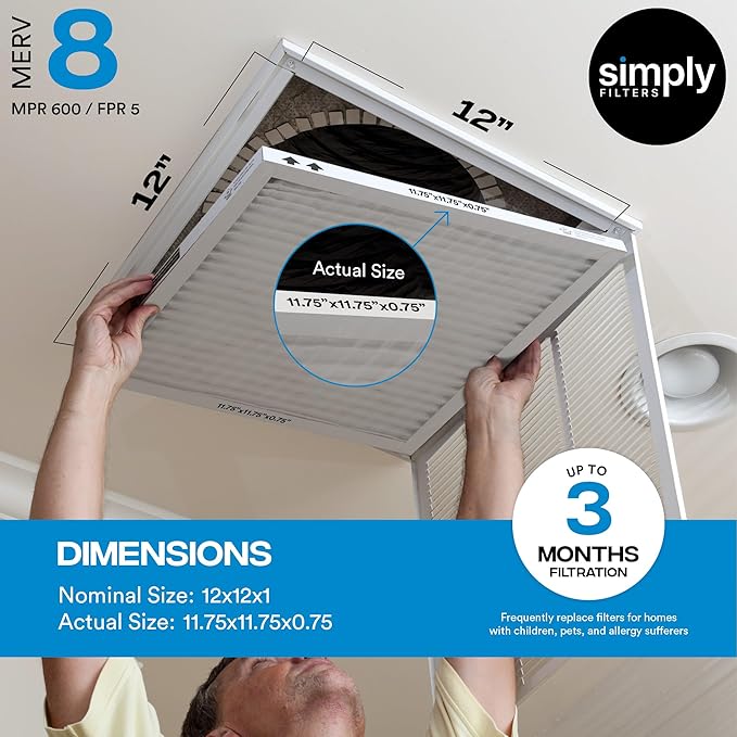 Simply 12x12x1 Air Filter, Merv 8, MPR 600, 12 Pack, Furnace Air Filter for HVAC (Actual Size: 11.75"x11.75"x0.75") DUST, Pet, & Allergy Control