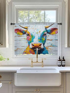 Sheer Curtains 54 Inch Length, Funny Colorful Cow Semi Sheer Curtains Light Filtering Window Treatment, Retro Rustic Oil Painting Wood Grain Privacy Voile Drapes for Living Room Bedroom 52x54 Inch