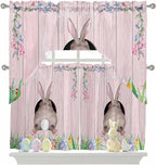 Swag Valance Curtains, Easter Cute Rabbit and Colorful Eggs Rod Pocket Valances Swag Topper for Kitchen Windows, Pink Farm Wooden Barn Light Filtering Short Curtain for Bedroom Bathroom 56x36In