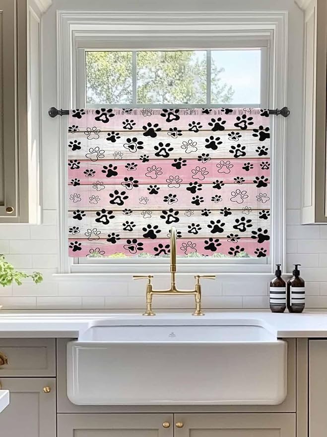 Sheer Curtains 54 Inch Length, Pink Beige Paw Print Semi Sheer Curtains Light Filtering Window Treatment, Vintage Farmhouse Country Wooden Grain Privacy Voile Drapes for Living Room Bedroom 52x54 Inch