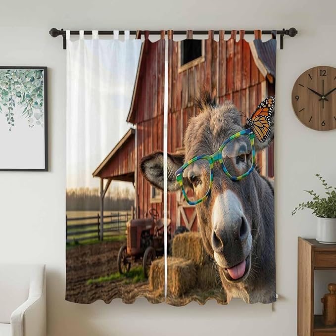 Farm Donkeys Living Room Curtains 96 Inch Length, Window Curtains Tab Top, Farmhouse Barn Funny Animals Butterfly Light Filtering Window Treatments Drapes 52"x96" 2 Panel