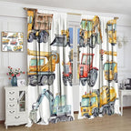 Kids Excavator Curtains, Retro Truck Tractor Machinery Construction Vehicle Crane Digger Mixer Rod Pocket Decorative Windows Curtain for Teens Girls Boys Room 63x72in (30% Blackout)
