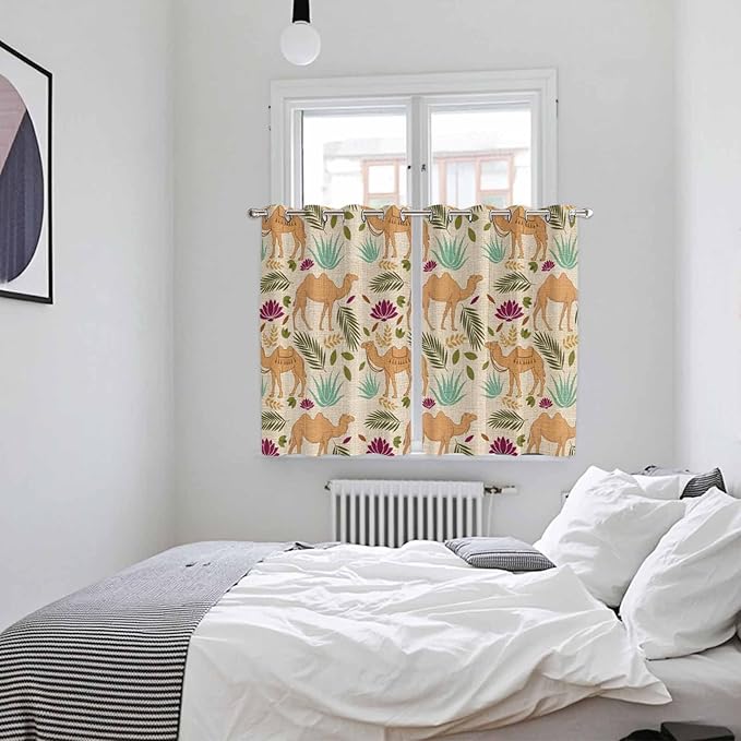2 Panel Kitchen Cafe Curtains, Desert Camels Sunlight Filtering Nature Air Through, Home Decor Window Covering Tier Curtains for Living Room 104W x 72L inch Vintage Sand Animals Aloe Vera Leaves Beige